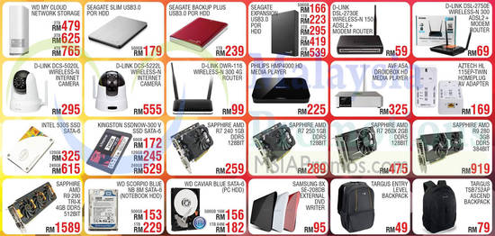 Harddrives, Routers, Media Players, Cameras, Backpacks, Seagate, WD, D-Link, Kingston, Sapphire