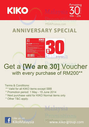 Featured image for (EXPIRED) Kiko Spend RM200 Get FREE RM30 Voucher 1 May – 15 Jun 2014