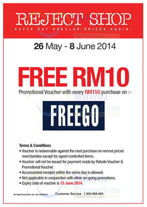 Featured image for (EXPIRED) Reject Shop FreeGo FREE RM10 Voucher Promo 26 May – 8 Jun 2014