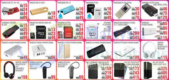 Thumbdrives, Harddrives, Powerbanks, Headsets, Romoss, Rapoo, Deboch, Sandisk, Kingmax