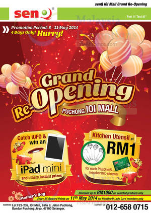 Featured image for (EXPIRED) SenQ Grand Re-Opening Promo @ IOI Mall 8 – 11 May 2014