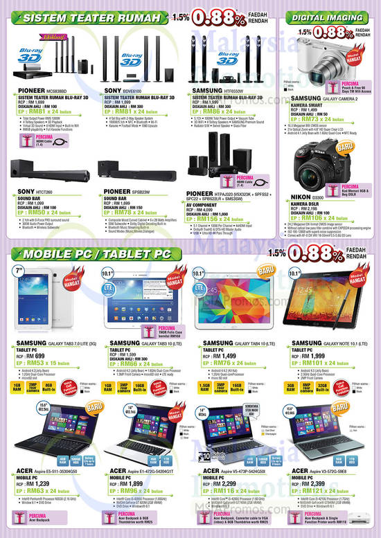 Home Theatre Systems, Cameras, Notebooks, Samsung, Acer, Nikon, Pioneer, Sony