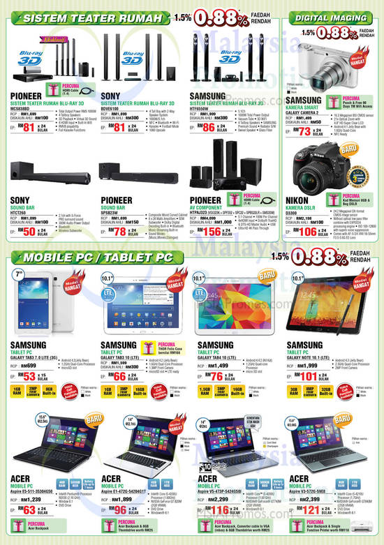 Home Theatre Systems, Cameras, Notebooks, Tablets, Samsung, Nikon, Sony, Pioneer, Acer