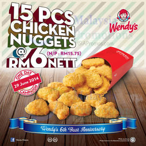 Featured image for Wendy’s RM6 For 15pcs Chicken Nuggets Promo 29 Jun 2014