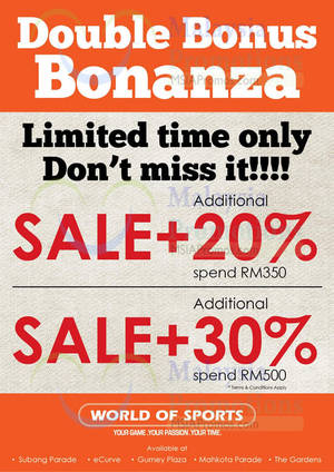 Featured image for World Of Sports 3 Days Double Bonus Bonanza @ Selected Outlets 30 May – 1 Jun 2014