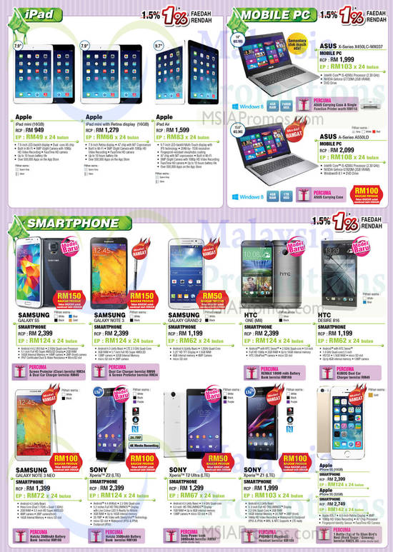 Tablets, Notebooks, Mobile Phones Apple, Asus, Samsung, HTC, Sony