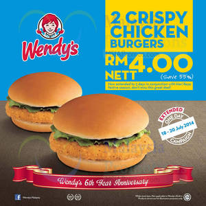 Featured image for Wendy’s RM4 For 2pcs Crispy Chicken Burgers Promo 18 – 20 Jul 2014