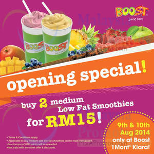 Featured image for (EXPIRED) Boost Juice Bars RM15 For Two Smoothies @ 1Mont Kiara 9 – 10 Aug 2014