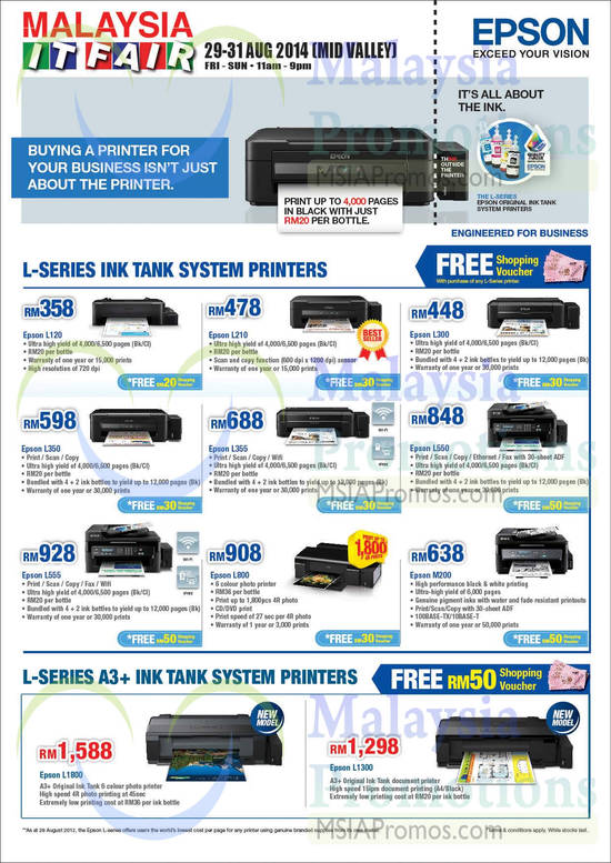 Epson Printers L120, L350, L555, L210, L355, L800, L300, L550, M200, L1800, L1300