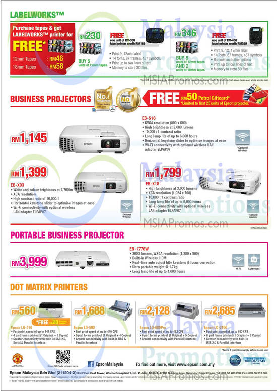 Epson Projectors, Labellers, Printers, EB-S18, EB-X03, EB-X18, EB-1776W, LQ-590, LQ-680Pro, LQ-2190