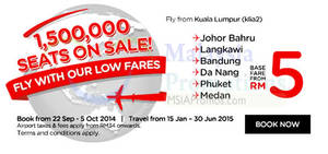 Featured image for (EXPIRED) Air Asia RM5 1.5 Million Seats Sale Promo Air Fares 22 Sep – 5 Oct 2014