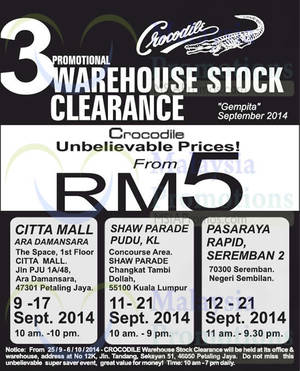 Featured image for (EXPIRED) Crocodile Warehouse Stock Clearance @ 4 Locations 9 Sep – 6 Oct 2014