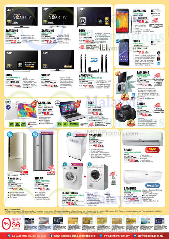 TVs, Home Theatre Systems, Smartphones, Digital Cameras, Notebooks, Fridges, Washers, Air Conditioners, Samsung, Electrolux, Sharp, Canon