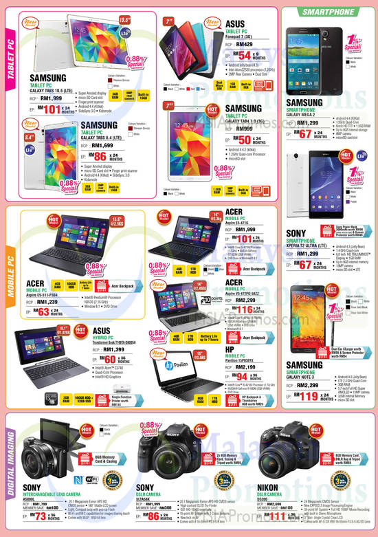 Tablets, Smartphones, Cameras, Notebooks, Samsung, Sony, HP, Asus, Acer