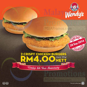 Featured image for Wendy’s RM4 For 2pcs Crispy Chicken Burgers Promo 28 Sep 2014