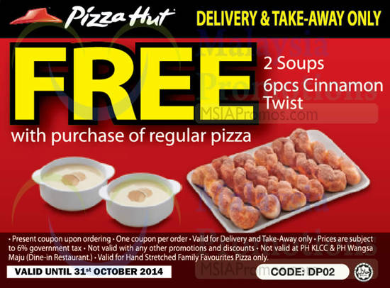 Delivery, Takeaway Free 2 Soups, 6Pcs Cinnamon Twist With Purchase of Regular Pizza