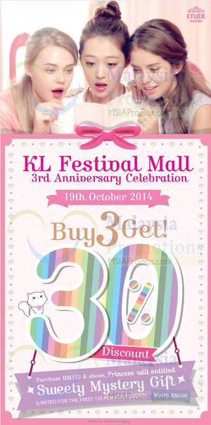 Featured image for (EXPIRED) Etude House 3rd Anniversary 1-Day Promo @ KL Festival Mall 19 Oct 2014