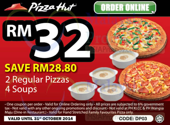 Online Order RM32 2 Regular Pizzas, 4 Soups