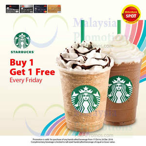 Featured image for Starbucks Buy 1 FREE 1 For Ambank Cardmembers (Fridays) 17 Oct – 26 Dec 2014