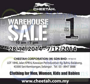 Featured image for (EXPIRED) Cheetah Warehouse Sale @ Seri Kembangan 28 Nov – 7 Dec 2014