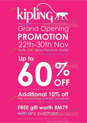 Featured image for Kipling Grand Opening Promotion @ Johor Premium Outlets 22 – 30 Nov 2014