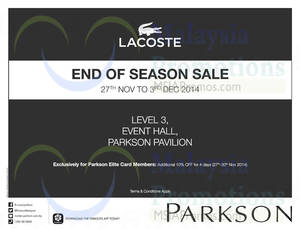 Featured image for (EXPIRED) Lacoste End of Season SALE @ Parkson Pavilion 27 Nov – 3 Dec 2014