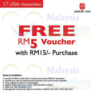 Featured image for (EXPIRED) Memory Lane Spend RM15 & Get FREE RM5 Voucher 17 – 26 Nov 2014