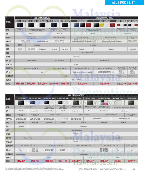 Notebooks Commercial Series, Performance Series, BU401LG-CZ035G, PRO451LD-WO068G, A450LD, X452LD, X552EA – XX206H, X551MA-SX191D