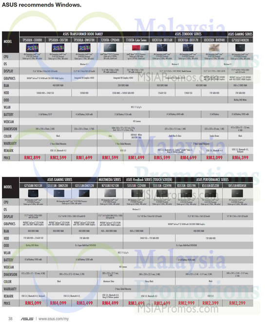 Notebooks Transformer Books, Zenbook Series, Gaming Series, Multimedia Series, VivoBook Series, Performance Series