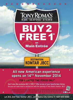 Featured image for (EXPIRED) Tony Roma’s Buy 2 Get 1 FREE Promo @ Komtar JBCC 14 Nov 2014