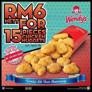 Featured image for (EXPIRED) Wendy’s RM6 For 15pcs Chicken Nuggets Promo 29 – 30 Nov 2014