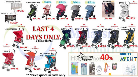 29 Dec Strollers, Cots, Tommee Tippee, Philips Avent, Bfree, Njoy, BMW, Maclaren