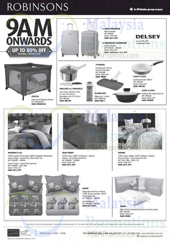 Bedsheet Sets, Luggage Set, Cot, Kitchenware, Jean Francois, American Tourister, Chicco, Jean Perry, Dorma, Akemi, Lock n Lock