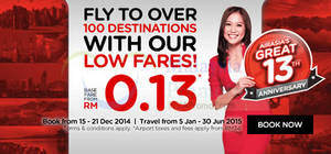 Featured image for (EXPIRED) Air Asia From RM0.13 (base fare) Promo Air Fares 15 – 21 Dec 2014