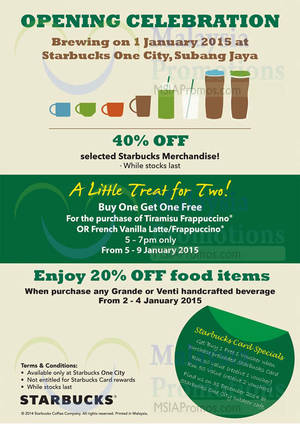 Featured image for (EXPIRED) Starbucks Buy 1 FREE 1, 40% Off & More @ One City Subang Jaya 1 – 9 Jan 2015