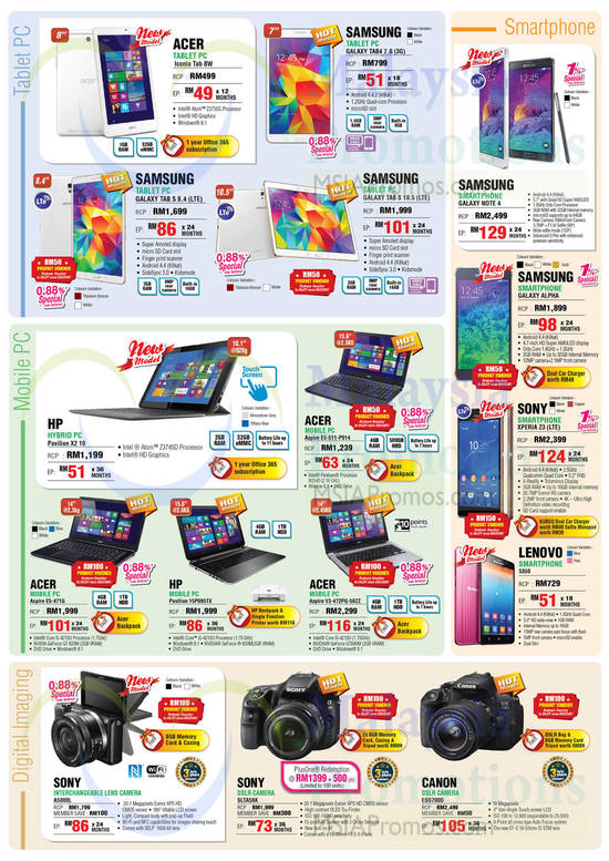 Tablets, Smartphones, Notebooks, Cameras, Sony, Canon, Lenovo, Acer, Samsung