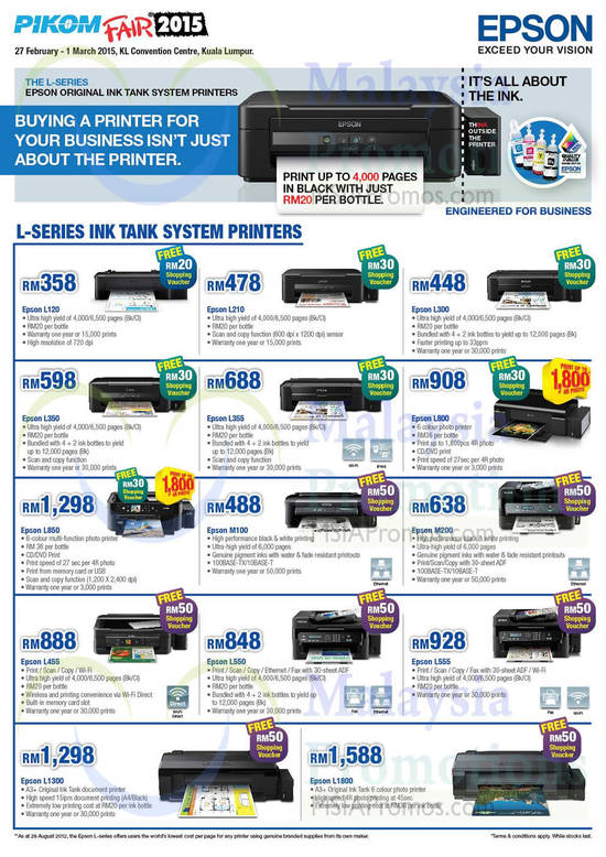 26 Feb Epson Printers, L120, L210, L300, L350, L355, L800, L850, M100, M200, L455, L550, L555, L1300, L1800