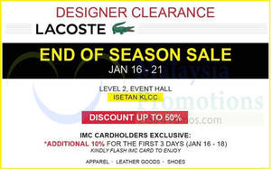 Featured image for (EXPIRED) Lacoste End of Season Sale @ Isetan KLCC 16 – 21 Jan 2015