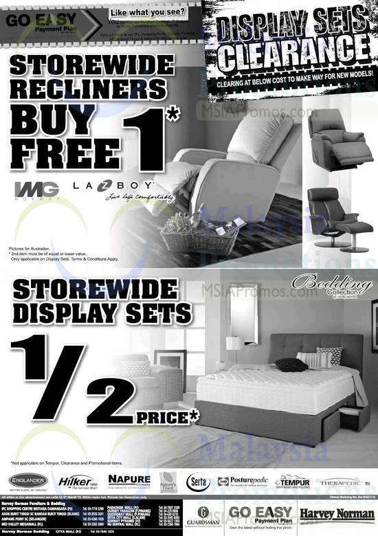 Beddings, Recliners, Display Sets, IMG, Lazboy, Englander, Hilker, Napure, Natures Finest, Serta, Sealy Posturepedic, Tempur, Therapedic