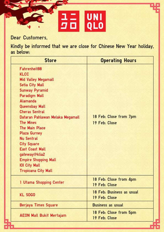 Chinese New Year 2015 Opening Hours