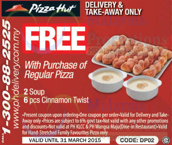 Delivery, Take Away 2 Soups, 6pcs Cinnamon Twist with Purchase of Regular Pizza