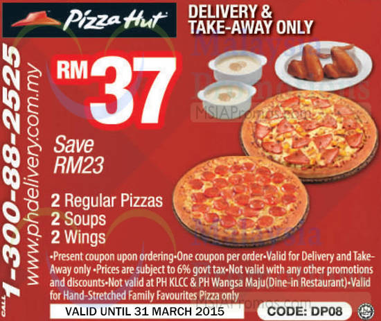 Delivery, Take Away RM37 2 Regular Pizzas, 2 Soups, 2 Wings