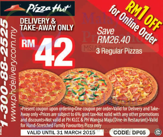 Delivery, Take Away RM42 3 Regular Pizzas