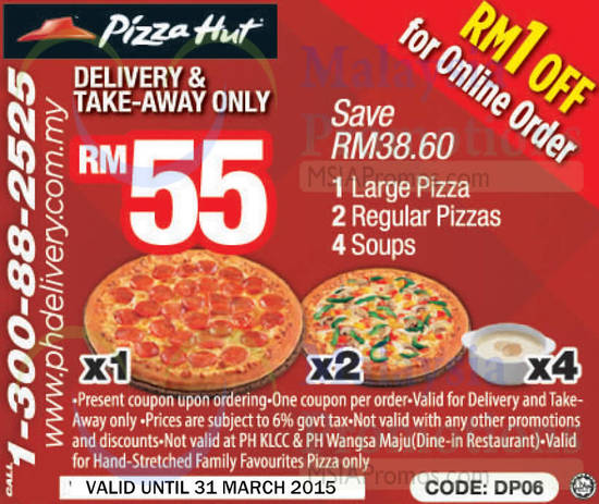 Delivery, Take Away RM55 1 Large Pizza, 2 Regular Pizzas, 4 Soups