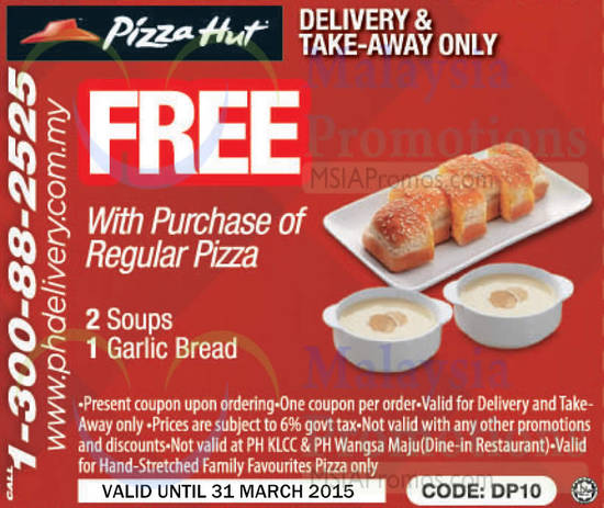 Delivery n Take-Away Free 2 Soups, 1 Garlic Bread With Purchase of Regular Pizza