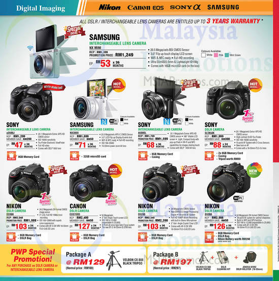 Digital Cameras, DSLR Digital Cameras, Samsung, Sony, Nikon, Canon, Velbon, Jenova, NX3000, A5000L, SLTA58K