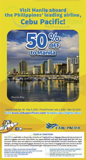 Featured image for (EXPIRED) Cebu Pacific Air 50% OFF Manila Promo Fares 30 Apr – 3 May 2015