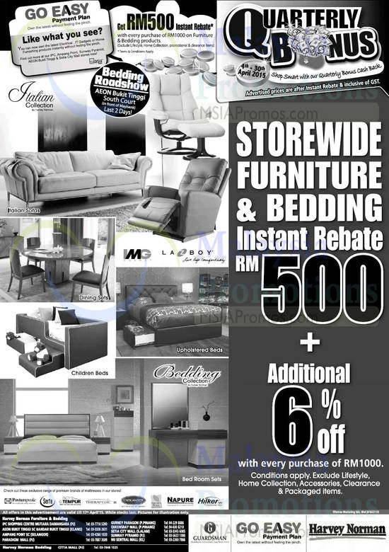 Furnitures, Beddings, RM500 Instant Rebate