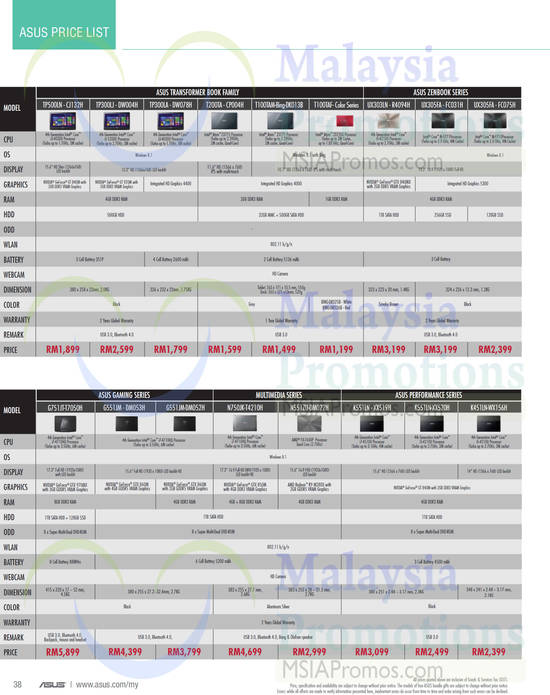 Notebooks Transformer Book, Zenbook, Gaming, Multimedia, Performance Series