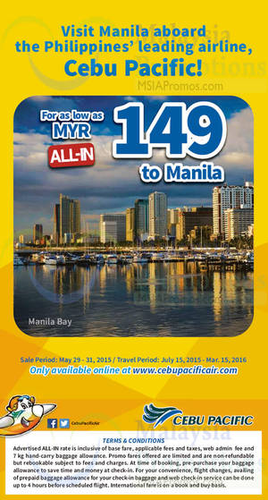 Featured image for (EXPIRED) Cebu Pacific Air RM149 (all-in) Manila Promo Fares 29 – 31 May 2015